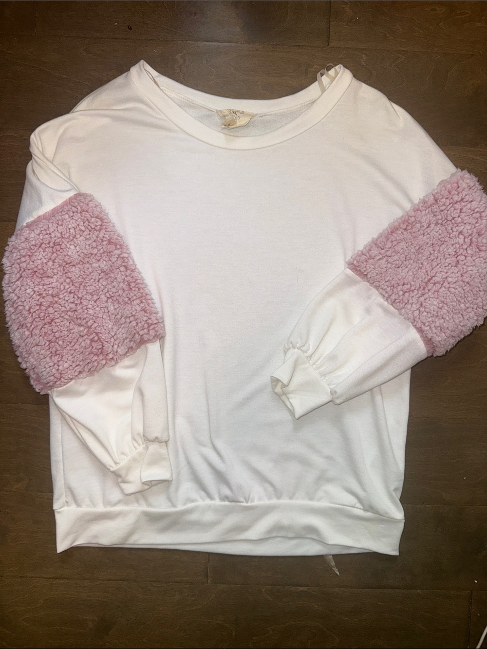 White Pullover Sweatshirt with Pink Sherpa Sleeve Panels